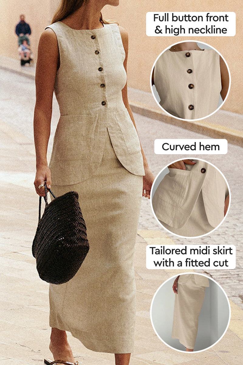 Women’s sleeveless cotton-linen blend vest with button front and high neckline paired with a tailored midi skirt featuring a curved hem and fitted cut in khaki color