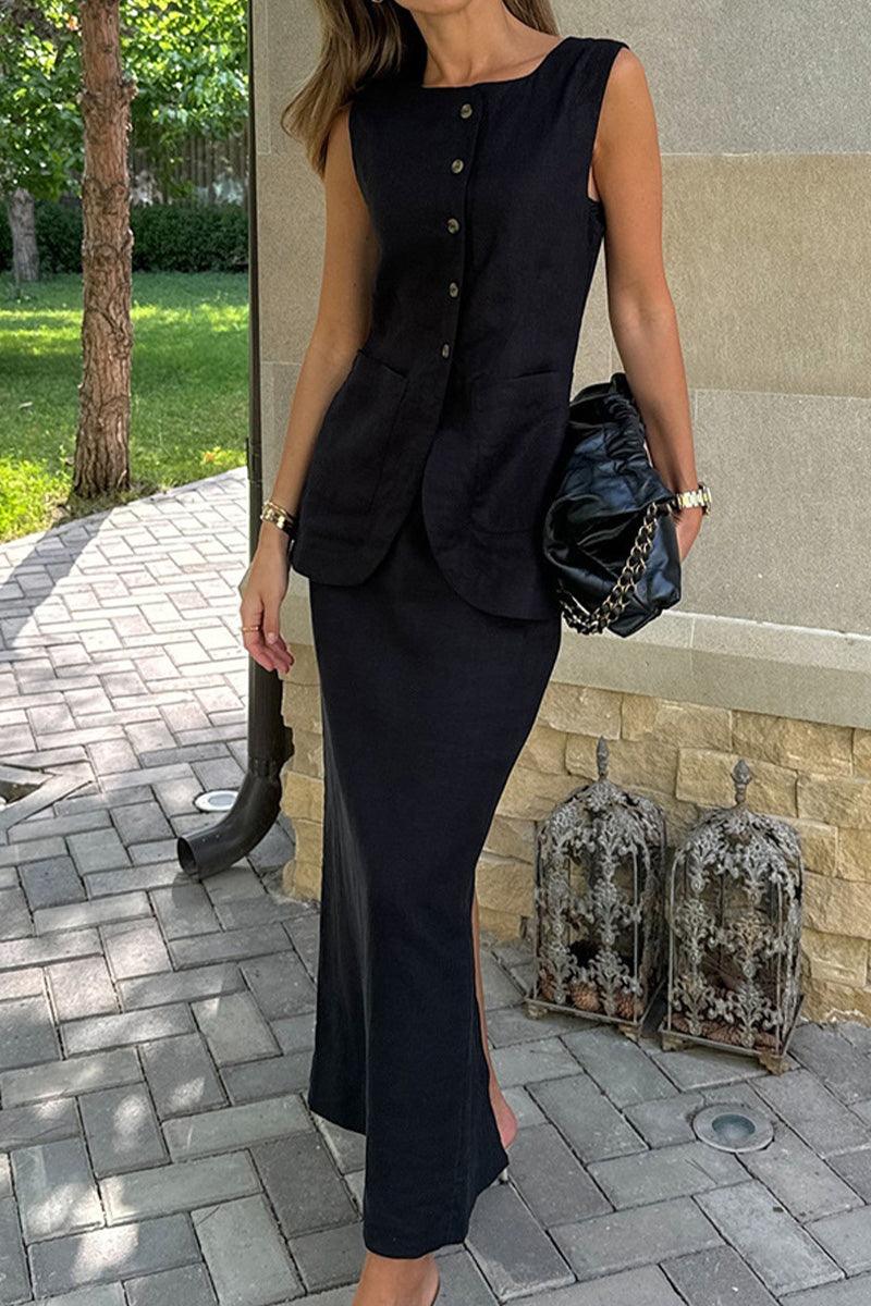 Woman wearing elegant black cotton-linen blend sleeveless vest and high-waisted skirt two-piece set outdoors