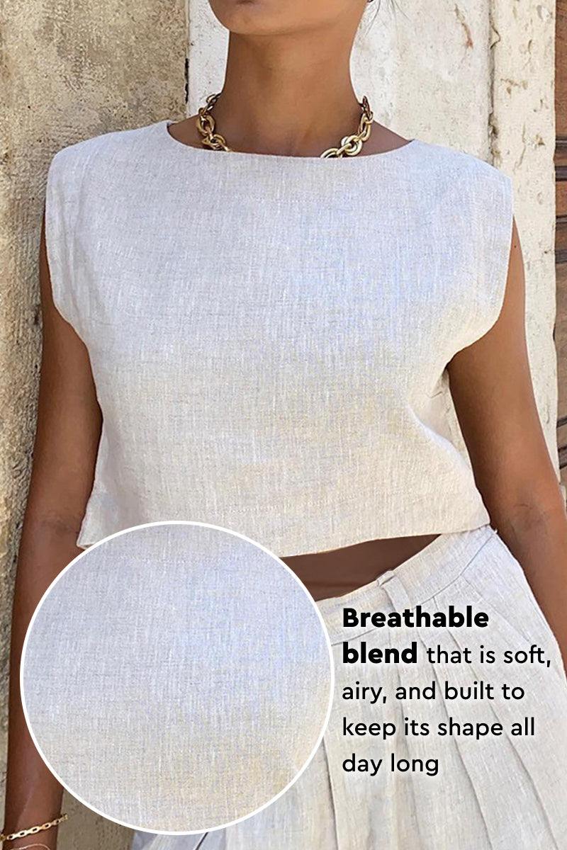 Cotton-linen blend breathable two-piece summer outfit with sleeveless crop top and wide-leg pants in white color