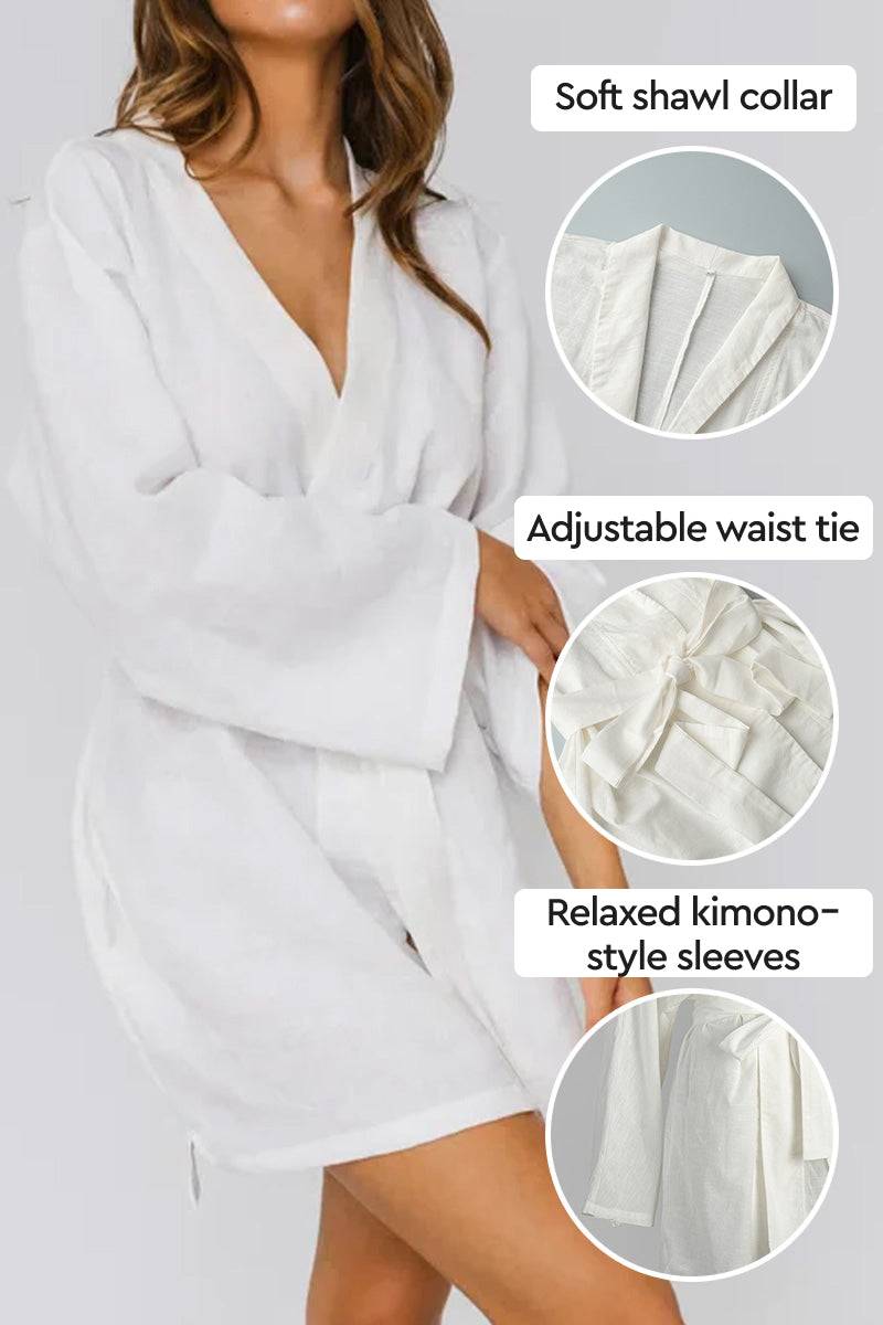 Cotton-linen blend luxury spa robe with soft shawl collar, adjustable waist tie, and relaxed kimono-style sleeves in white.