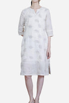 White 100 linen dress with embroidered notch neck and 3/4 sleeves, midi length, breathable and relaxed fit.