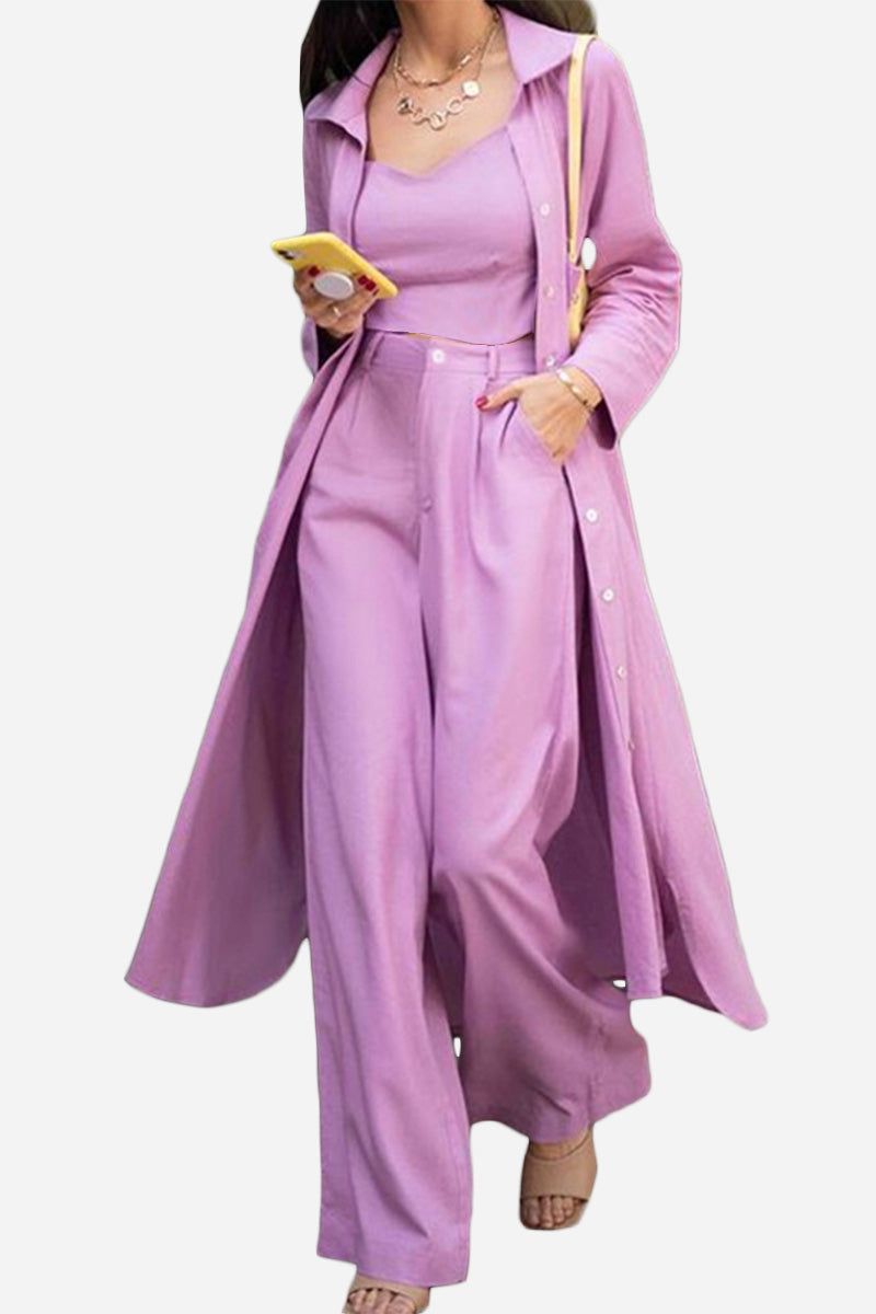 Relaxed fit shirt and trouser three-piece set in soft pink for stylish comfort and versatility