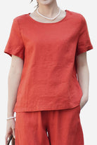 100 pure linen breathable classic shirt in red with short sleeves and relaxed fit