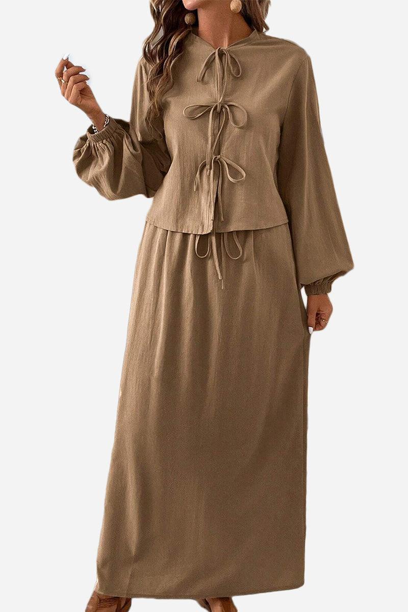 100 cotton long-sleeve crop top and maxi skirt set in brown breathable fabric with tie-front detail