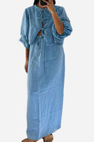 100% cotton long-sleeve crop top and maxi skirt set in blue breathable fabric