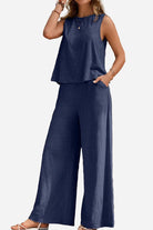 Navy sleeveless wide leg pants set with soft, wrinkle-resistant fabric for comfortable stylish wear