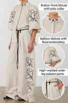 Dolce Vita Cotton Linen set with balloon sleeves, floral embroidery, and wide-leg palazzo pants.