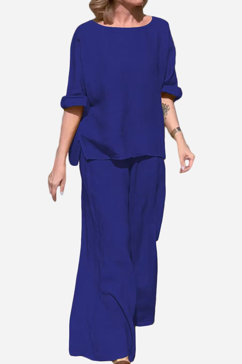woman wearing blue 100 cotton two-piece set with round neck top and wide-leg pants