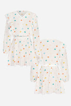 Sweet Countryside 100 Cotton ruffled two-piece set with colorful heart prints and long sleeves