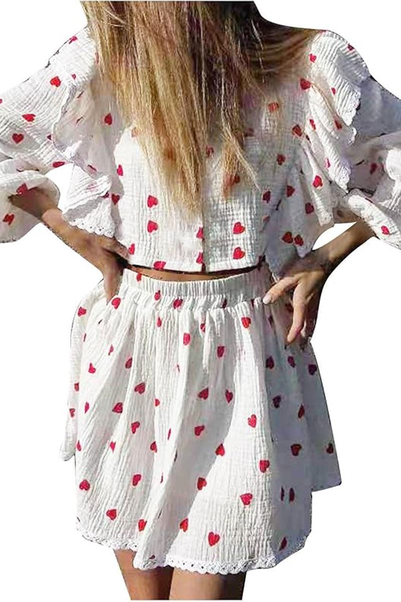 Sweet Countryside 100 Cotton ruffled two-piece set with red heart prints on white breathable cotton fabric
