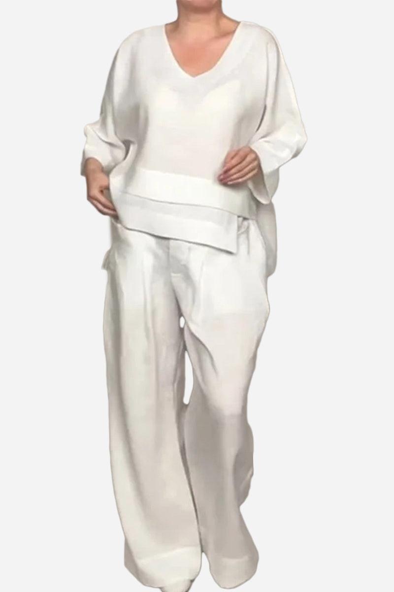 Atelier Serenity Layered Two-Piece Set white breathable layered V-neck top with wide-leg trousers for elegant comfort