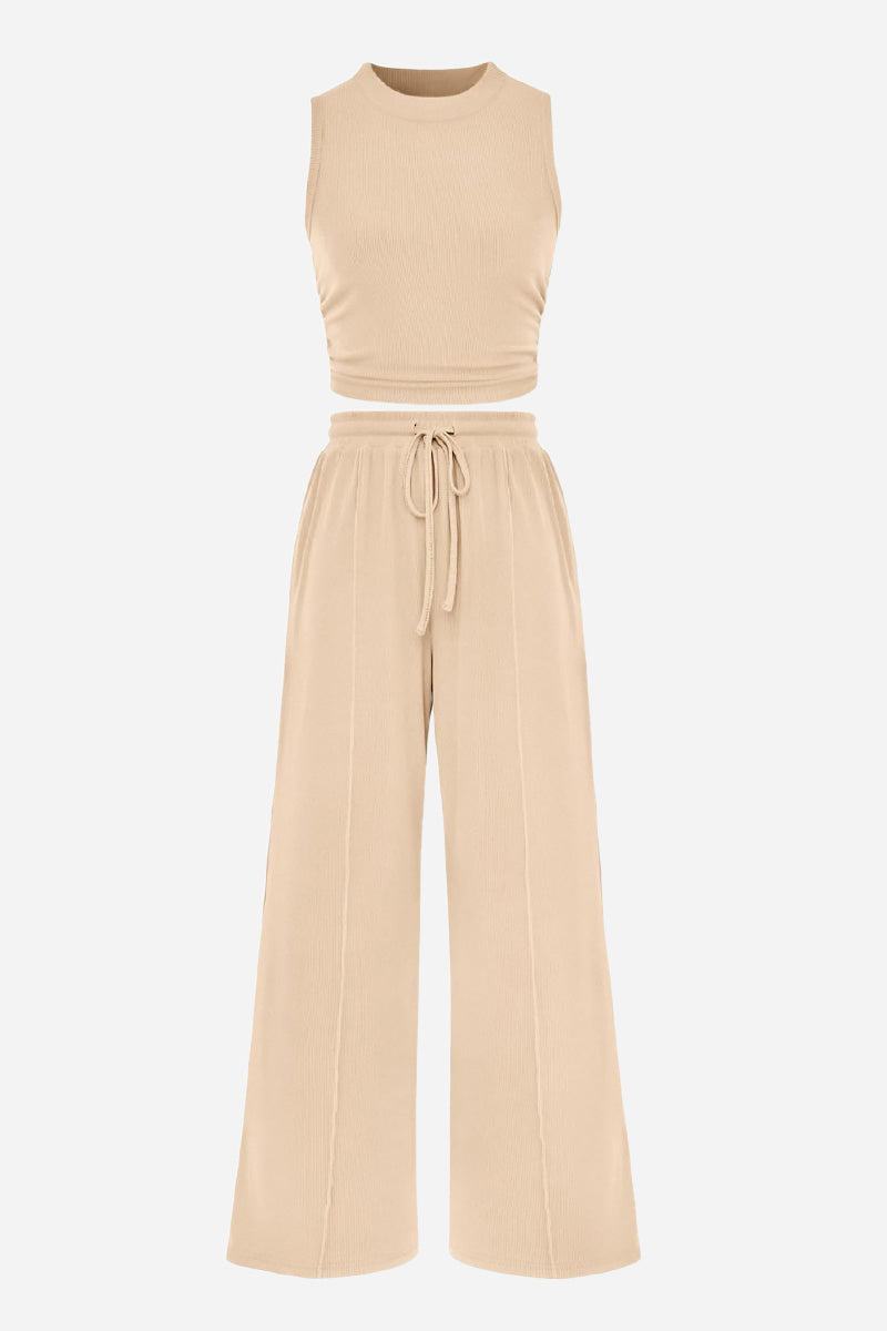 Stroll & Hangout Ribbed Knit beige sleeveless top and wide-leg pants two-piece set