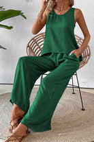 Green Dreamcatcher Crochet-Back two-piece set with sleeveless top and wide-leg palazzo pants