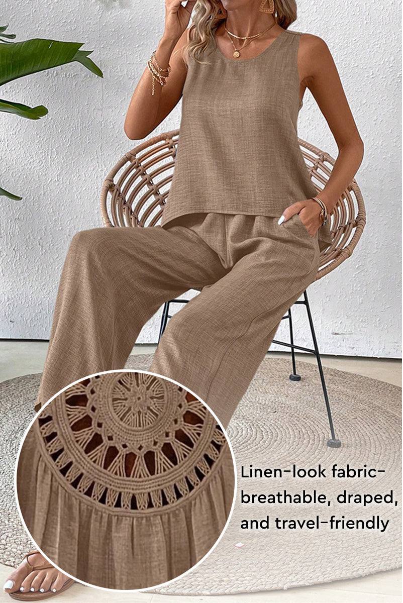 Dreamcatcher Crochet-Back two-piece set with sleeveless top and wide-leg pants in linen-look fabric