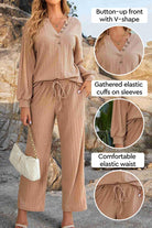 Desert Bloom Ribbed Comfort Set with button-up V-neck, elastic cuffs, and drawstring waist in beige ribbed fabric
