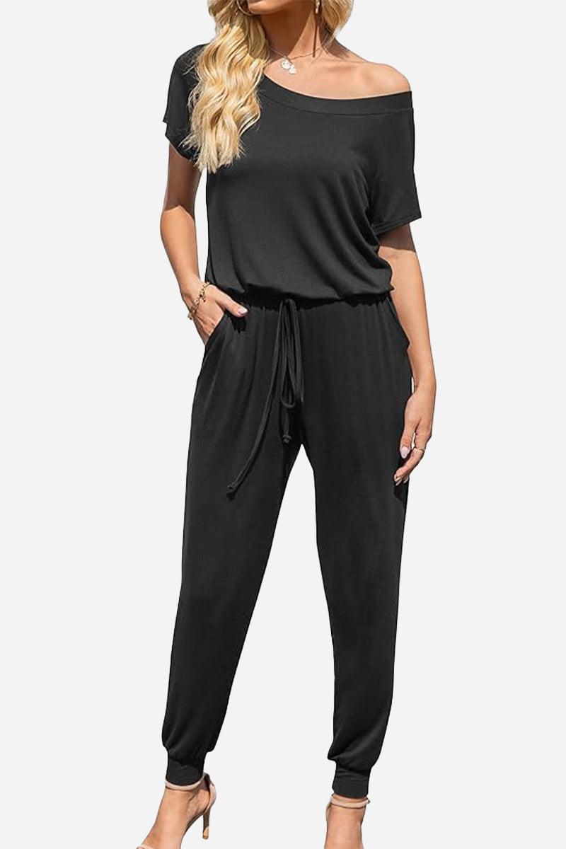 Black Moonlit Rome Off-Shoulder jumpsuit with oblique neckline and relaxed fit for women