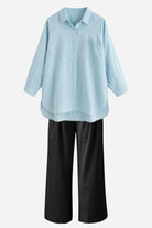 Linen Breeze Set breathable linen-cotton blend light blue shirt with black pants summer outfit