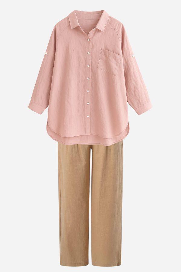 Linen Breeze Set featuring a breathable pink linen-cotton blend shirt with beige high-waist pants ideal for summer comfort and style