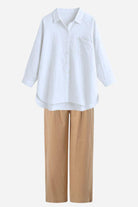 White linen-cotton blend shirt with beige high-waist pants summer outfit Linen Breeze Set