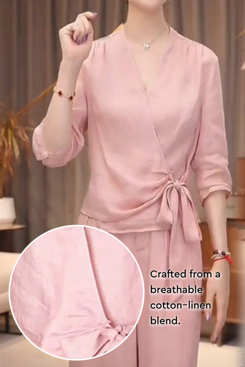 Breathable Cotton-Linen Wrap Top & Wide Leg Set