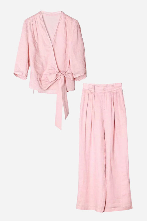 Breathable Cotton-Linen Wrap Top & Wide Leg Set