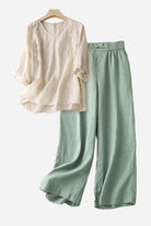 100% cotton linen blend golden hour set with embroidered V-neck top and high-waisted wide-leg pants
