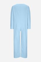 Light blue relaxed jumpsuit with long sleeves and wide legs, back view