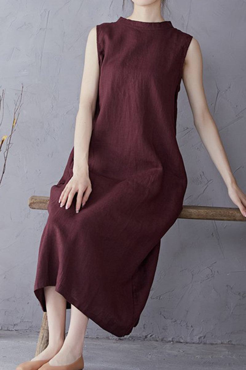 Sunrise Market 100% linen sleeveless midi dress in deep burgundy with relaxed A-line fit and breathable lightweight fabric