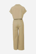 Back view of beige Safari Escape cargo two-piece set with functional big pockets and relaxed fit pants