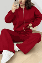 The Voyager Zip Set red zip-front sweatshirt and wide-leg joggers travel loungewear