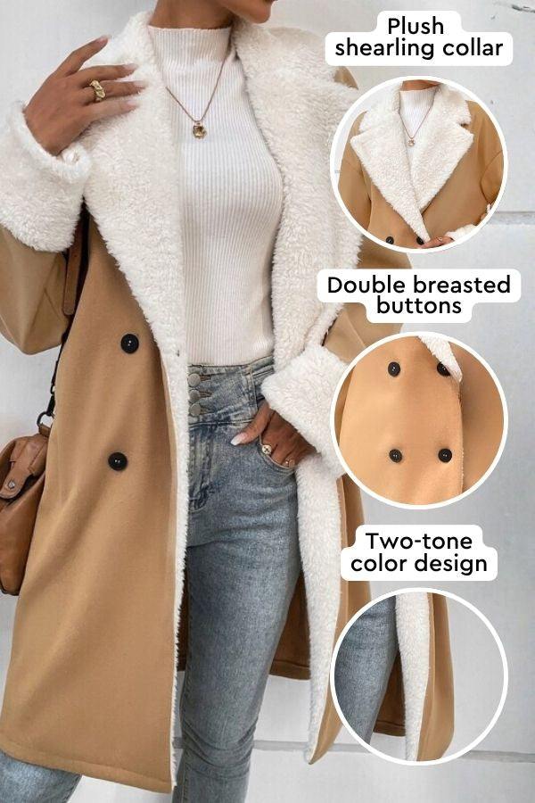Nordic Warmth shearling-lined coat with plush collar, double-breasted buttons, and two-tone camel design