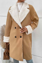 Nordic Warmth Shearling-Lined Coat with soft faux shearling trim, double-breasted camel design, tailored fit, and cozy lightweight warmth for versatile all-season wear.