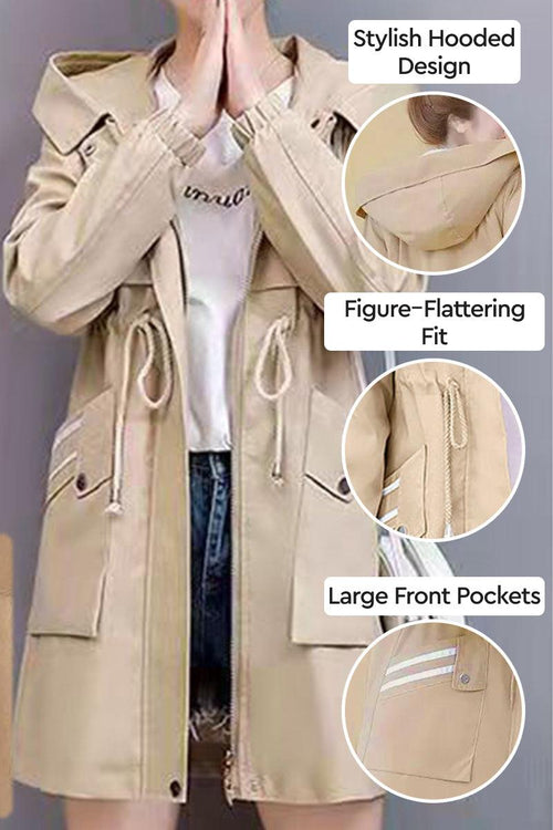 Cityscape Comfort Hooded Windbreaker beige mid-length jacket with plush lining, hood, drawstring waist, and large front pockets for stylish cold-weather wear.