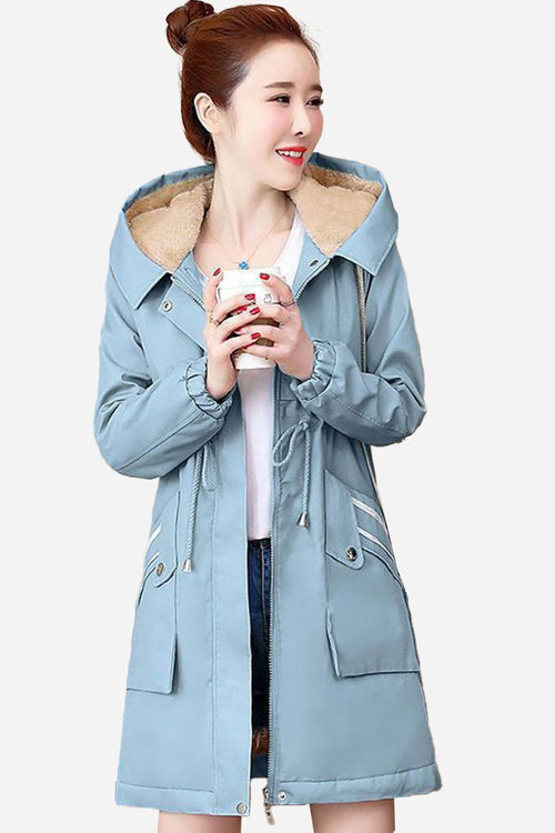 Cityscape Comfort Hooded Windbreaker women's mid-length blue coat with plush fleece lining and hood