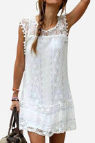 White pom pom lace mini dress sleeveless summer outfit