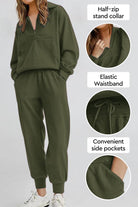 Unisex half-zip pullover and sweatpants set in olive green with stand collar, elastic waistband, and side pockets