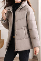Lightweight Everyday Warmth Coat mid-length hooded insulated jacket in beige with zip and snap closure