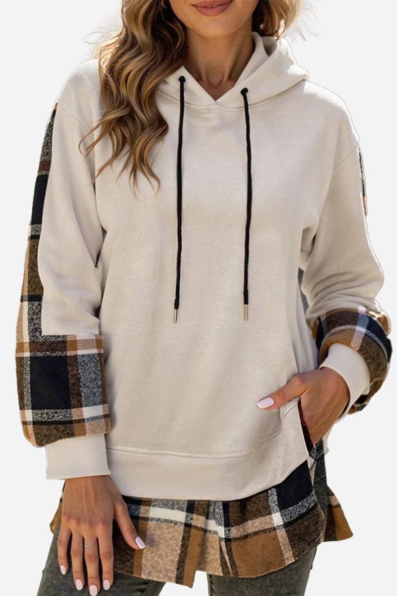 Women's Countryside Layered Hoodie in beige with brown plaid accents on sleeves and hem, featuring drawstring hood and relaxed fit