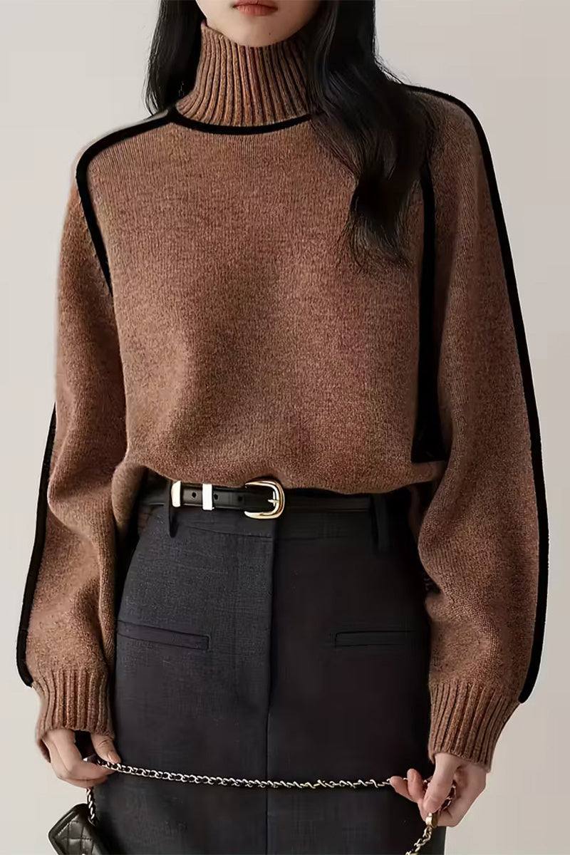 Brown Zero Itch Turtleneck Sweater with black contrast trim, soft knit, and relaxed fit