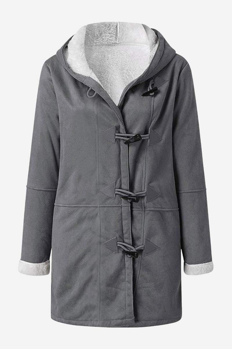 Grey warm toggle button hooded coat with sherpa lining and faux suede exterior