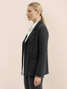 Modern double-breasted blazer with raw-edge seaming and cotton-blend fabric