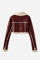 Cropped faux leather sherpa jacket in burgundy with cream sherpa trim and full lining.