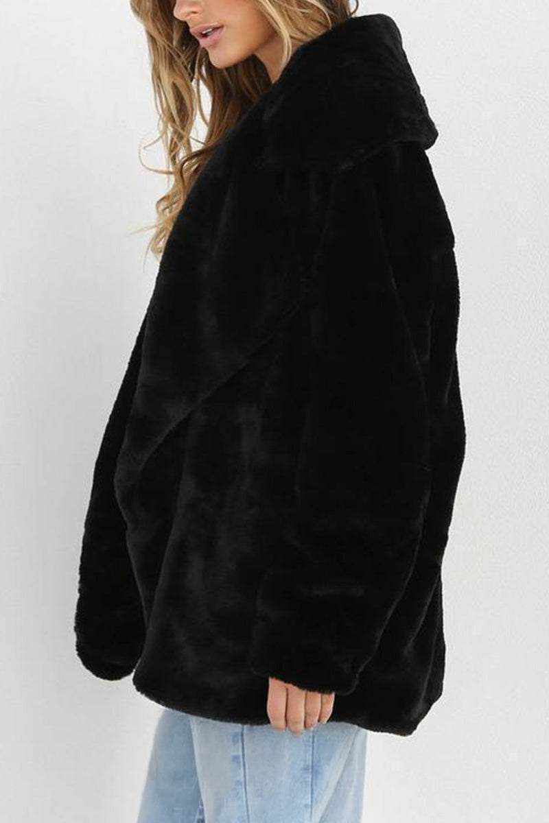 Black open front oversized faux fur jacket with draped shawl collar and relaxed fit