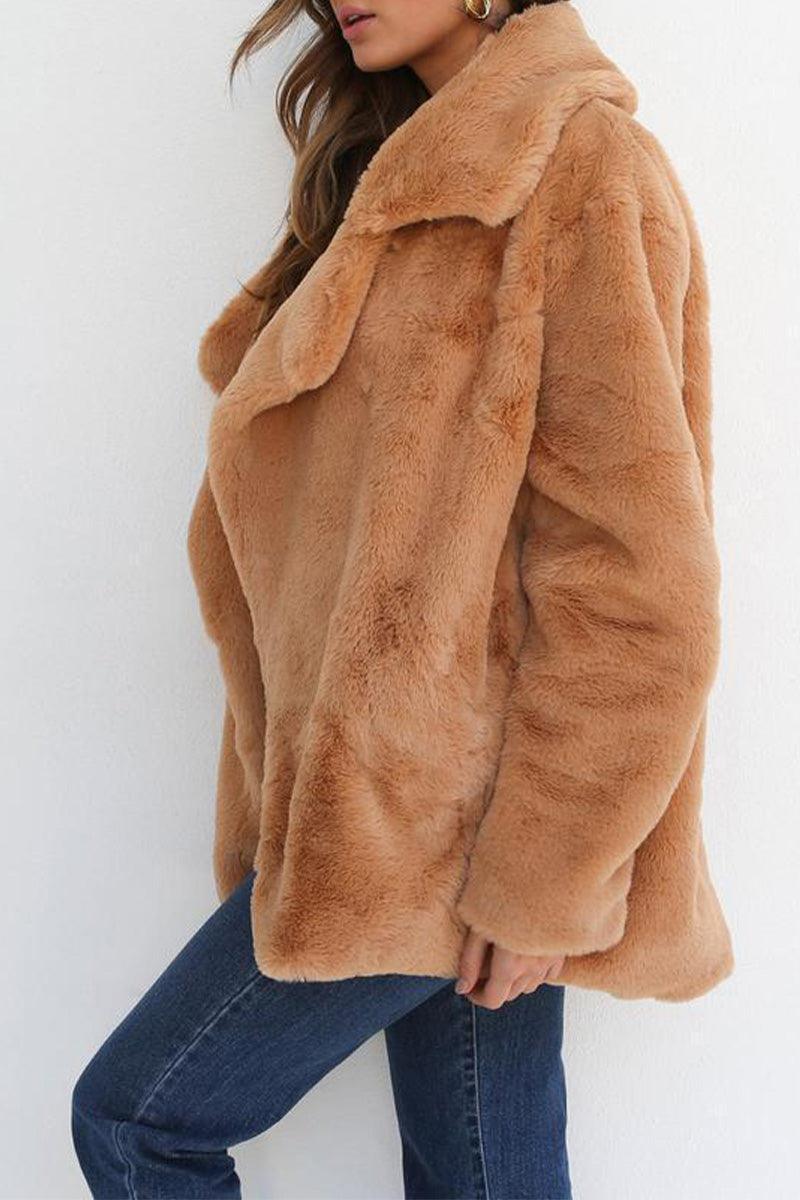 Open front oversized faux fur jacket with draped shawl collar and mid-hip length in soft tan color