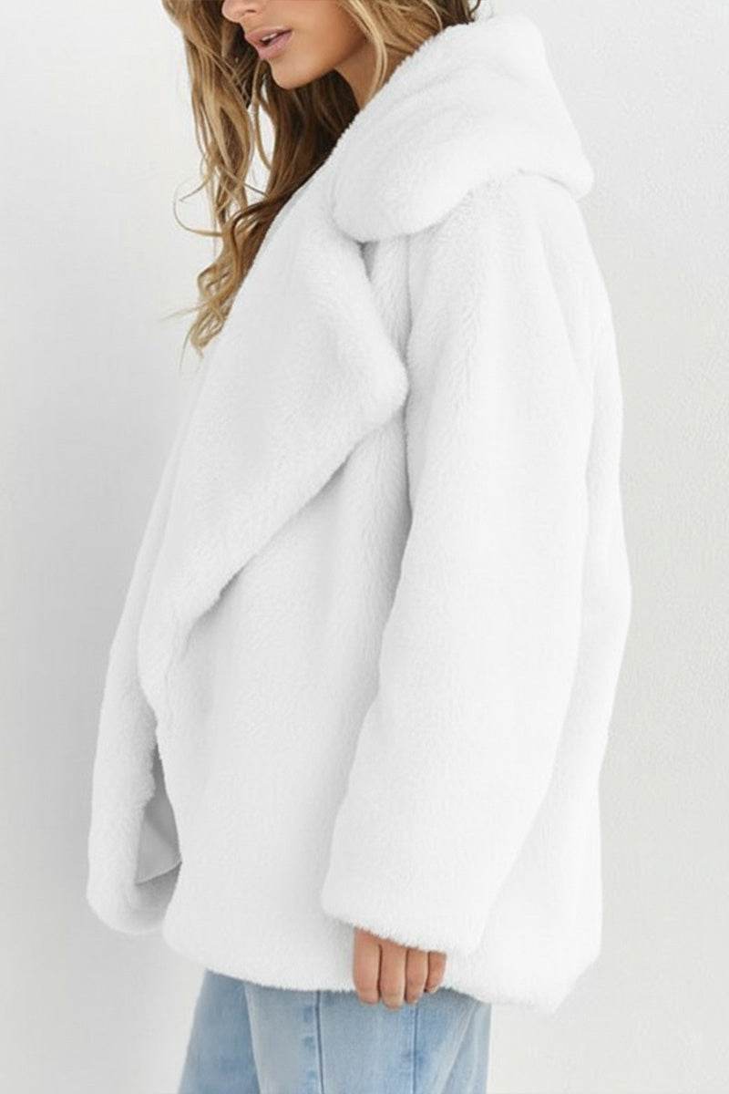 White open front oversized faux fur jacket with draped shawl collar and relaxed fit on model