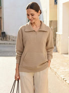 half-zip waffle pullover with kangaroo pocket and waffle knit texture in neutral tone