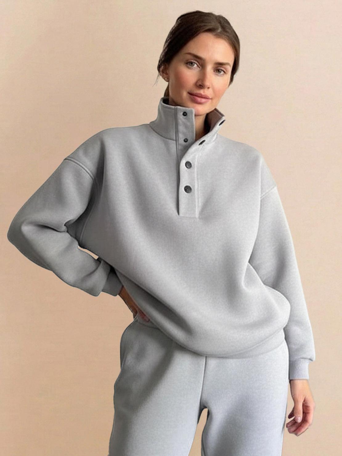 Woman wearing gray Warm & Easy Two-Piece Set with button-collar pullover and matching relaxed-fit pants