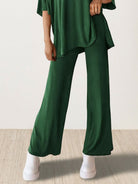 Oversized long-line loungewear set with short-sleeve pullover and straight-leg pants in soft knit fabric
