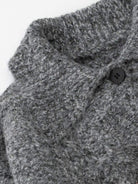 Wool-blend button-front cardigan with wide collar and five buttons, lightweight warm knit for layering.