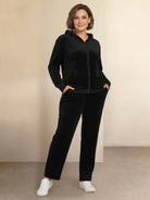 Plus size velour zip-up tracksuit set with hoodie and straight-leg pants